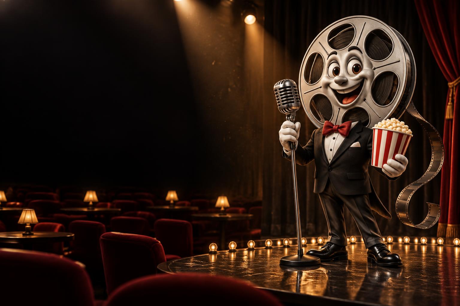 Film reel comedy host on stage in an intimate theater
